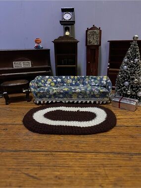 Dollhouse furniture piano loving room couch clocks rug miniature vintage mcm